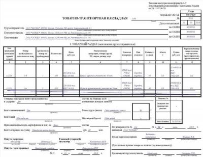 Примеры заполнения товарно-транспортной накладной на автотранспорте в РФ